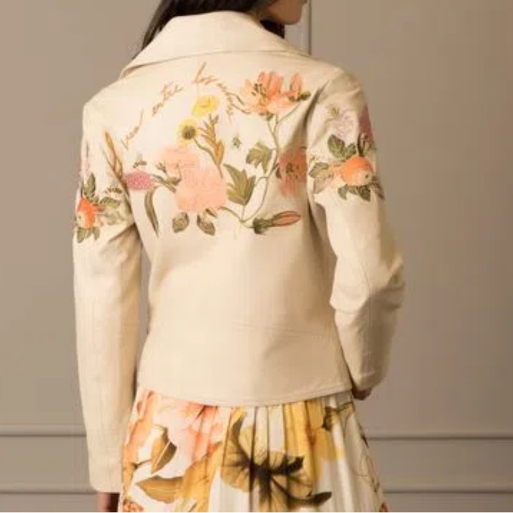 Velez Cream Leather Motorcycle Jacket with Floral and Bee Embroidery GUC
